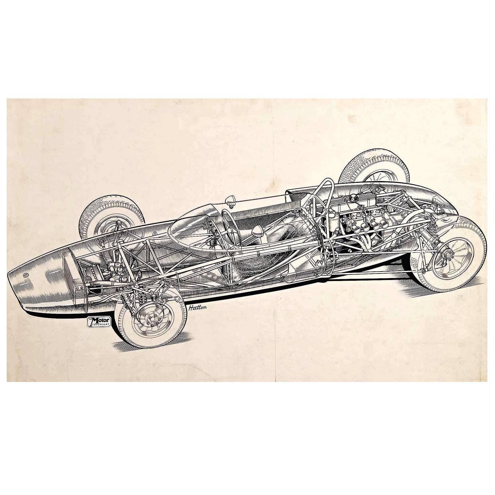 Original "Cutaway" Drawing of the Lotus 20 Racing Car by Brian Hatton