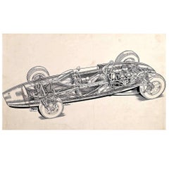 Drawing original «utaway » de la voiture de course Lotus 20 de Brian Hatton