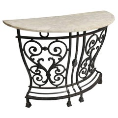 Antique 19th C English Marble and Wrought Iron Curved Console Table