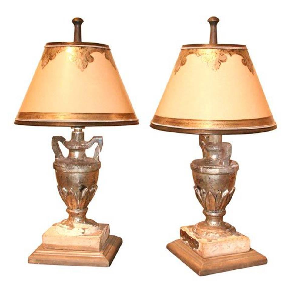 Italian Silver Gilt Urns Converted into Small Lamps Hand Made Shades With Silver For Sale