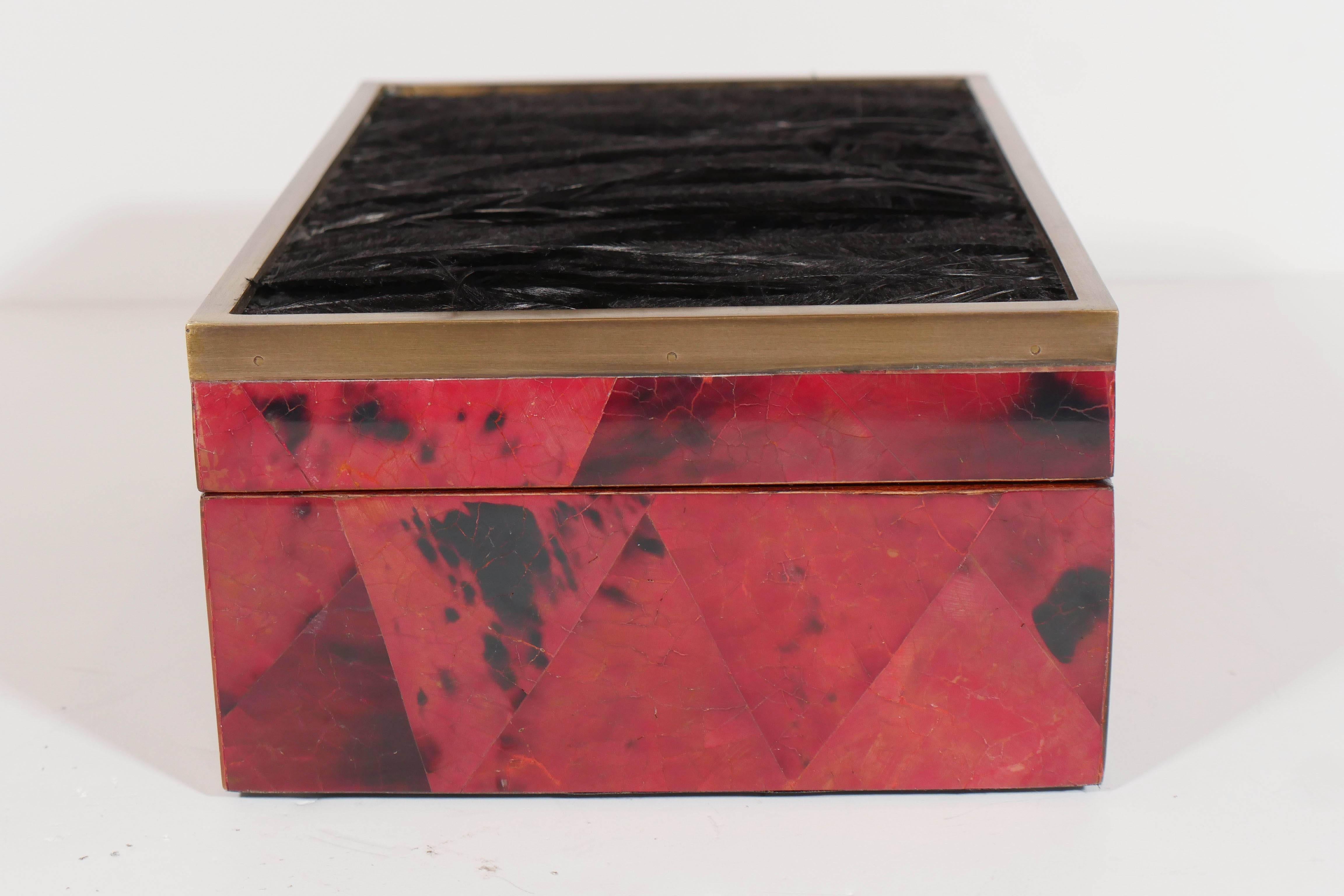 French Exceptional Jewelry Box in Lacquered Pen Shell with Exotic Feather Accents