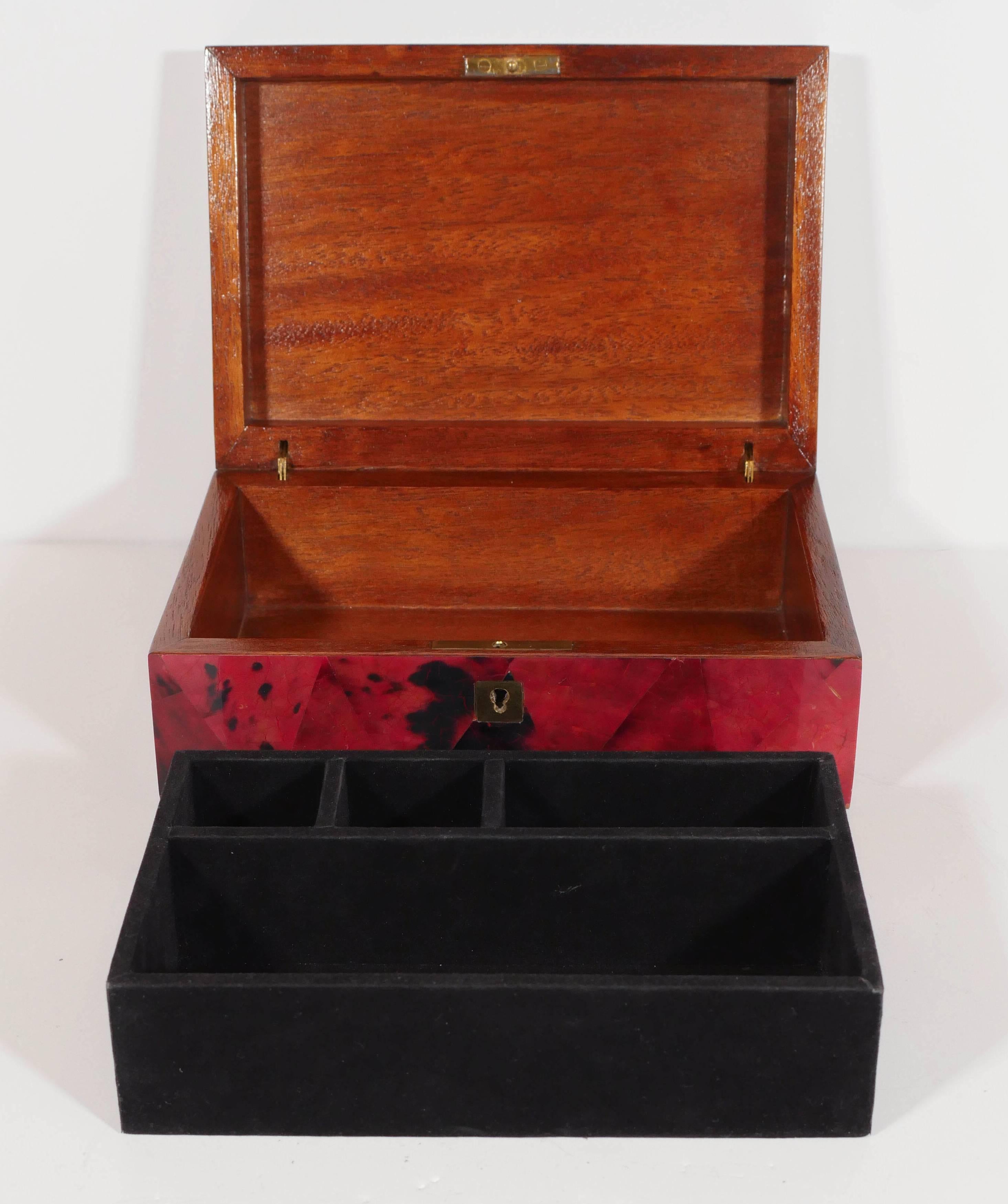 Brass Exceptional Jewelry Box in Lacquered Pen Shell with Exotic Feather Accents
