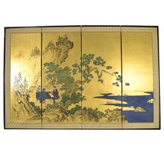 Four Panel Hand-Painted and Gilded Japanese Screen