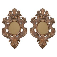 Pair of Italian Cartouche Shaped Painted Wood Mirrors with Traces of Gilding
