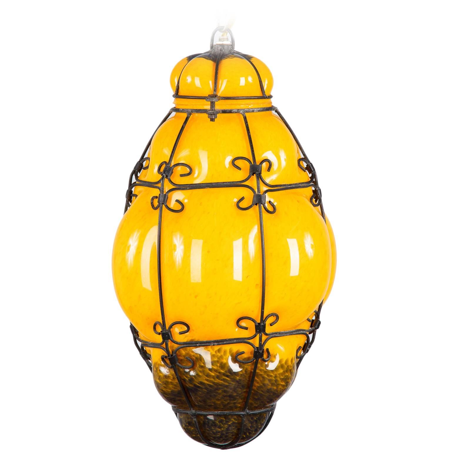 Midcentury Caged Murano Glass Pendant Lantern, Italy, 1950s For Sale
