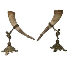 Pair of 19th Century Drinking Horns Mounted on Brass Cupids