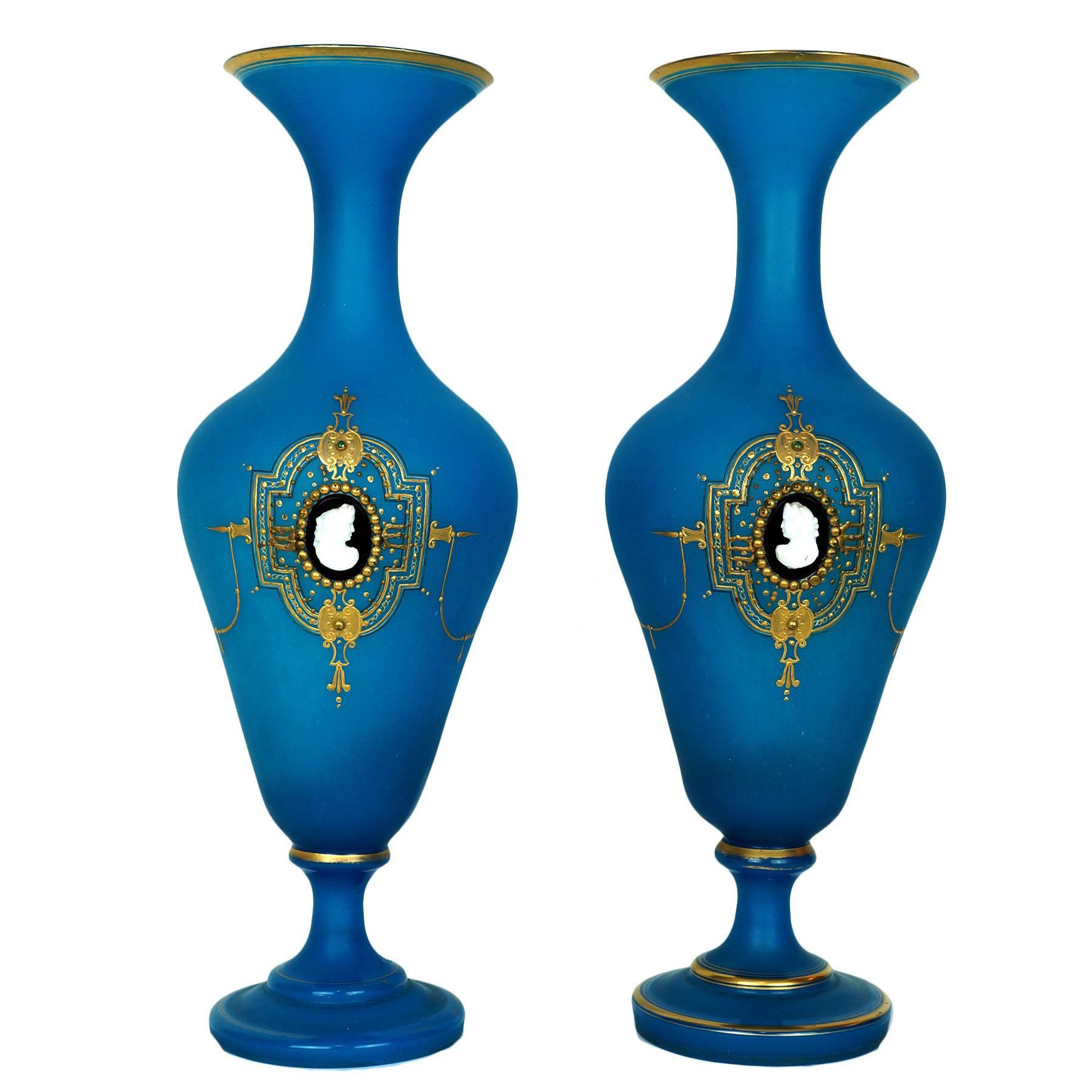 Pair of Blue Opaline Glass Tall Vases with Applied Cameo Glass Portraits 