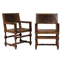 Pair of French 1920s Wood and Leather Armchairs with Turned Legs and Nail-Heads 5