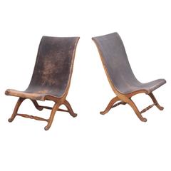 Unique Pair of 1940s Leather Miguelito Butaque Chairs from Mexico