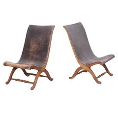 Unique Pair of 1940s Leather Miguelito Butaque Chairs from Mexico 