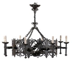 An Ornate Italian Forged-Iron Ring Chandelier w/ Eight Torch Lights