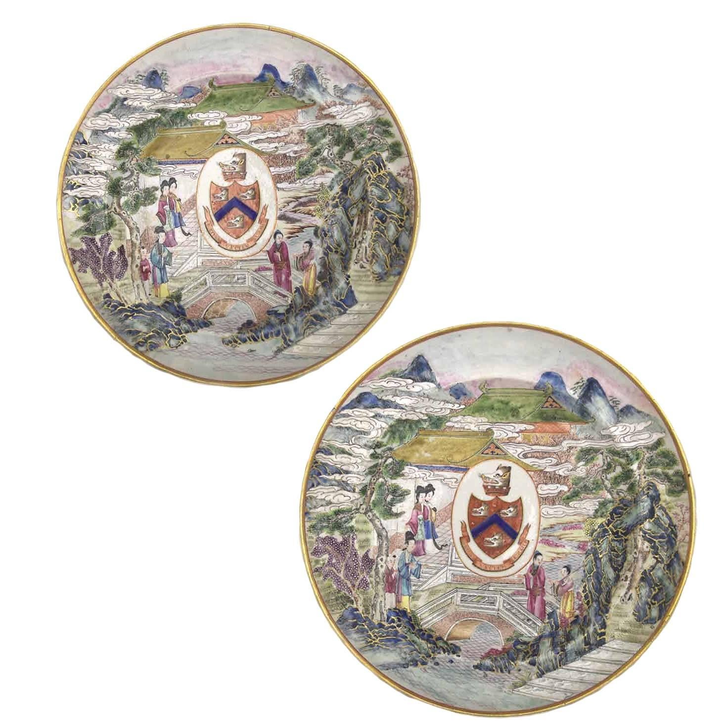 Rare Pair and Fine Antique Chinese Export Armorial Plates, circa 1810 For Sale
