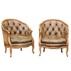 Vintage Pair of 1940s French Louis XV Style Tufted Leather Barrel Back Bergeres Chairs