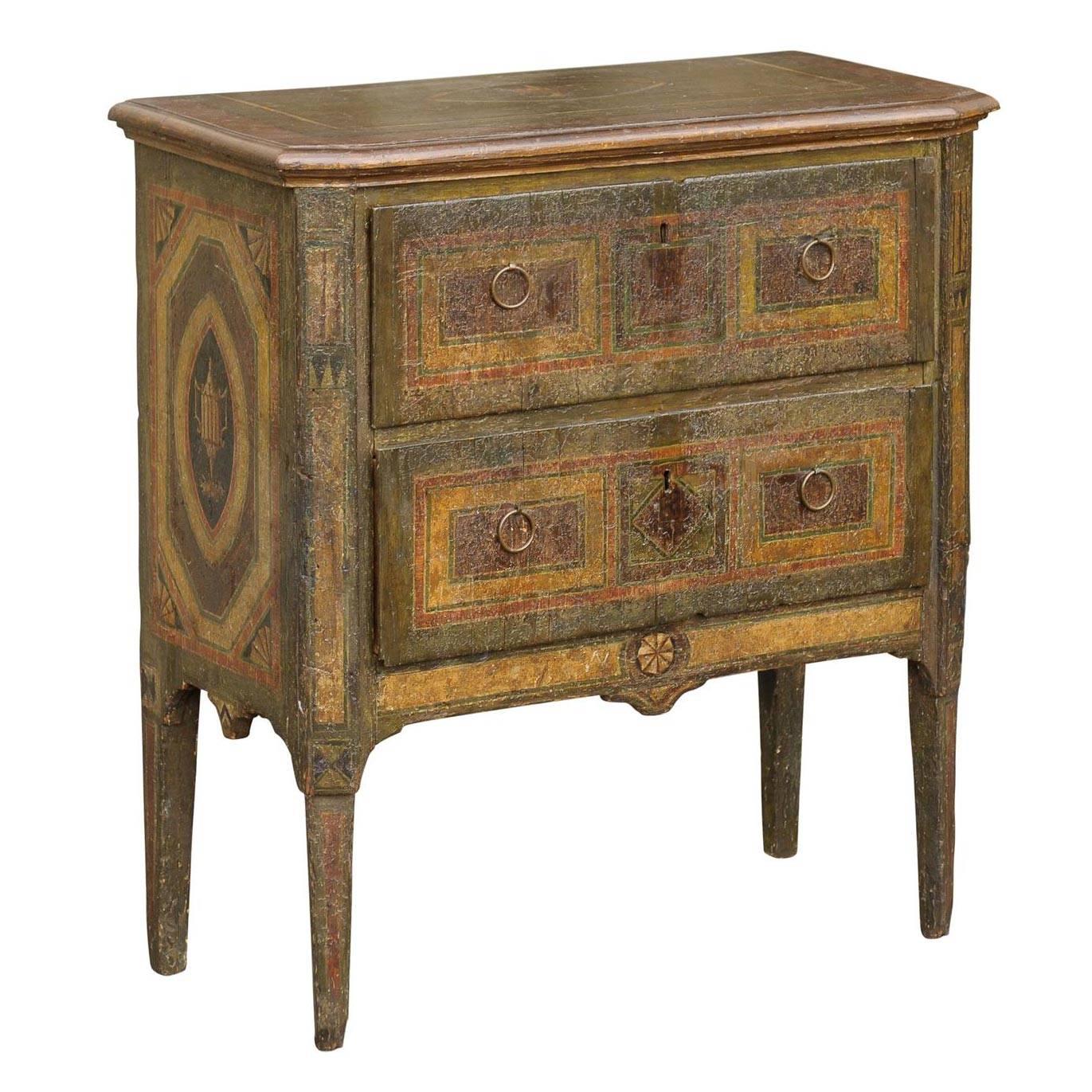 Italian Two-Drawer Commode with Rich Distressed Paint from the Early 1800s