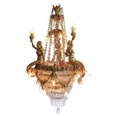 Antique Gilt Bronze Crystal Chandelier with Three Mermaids