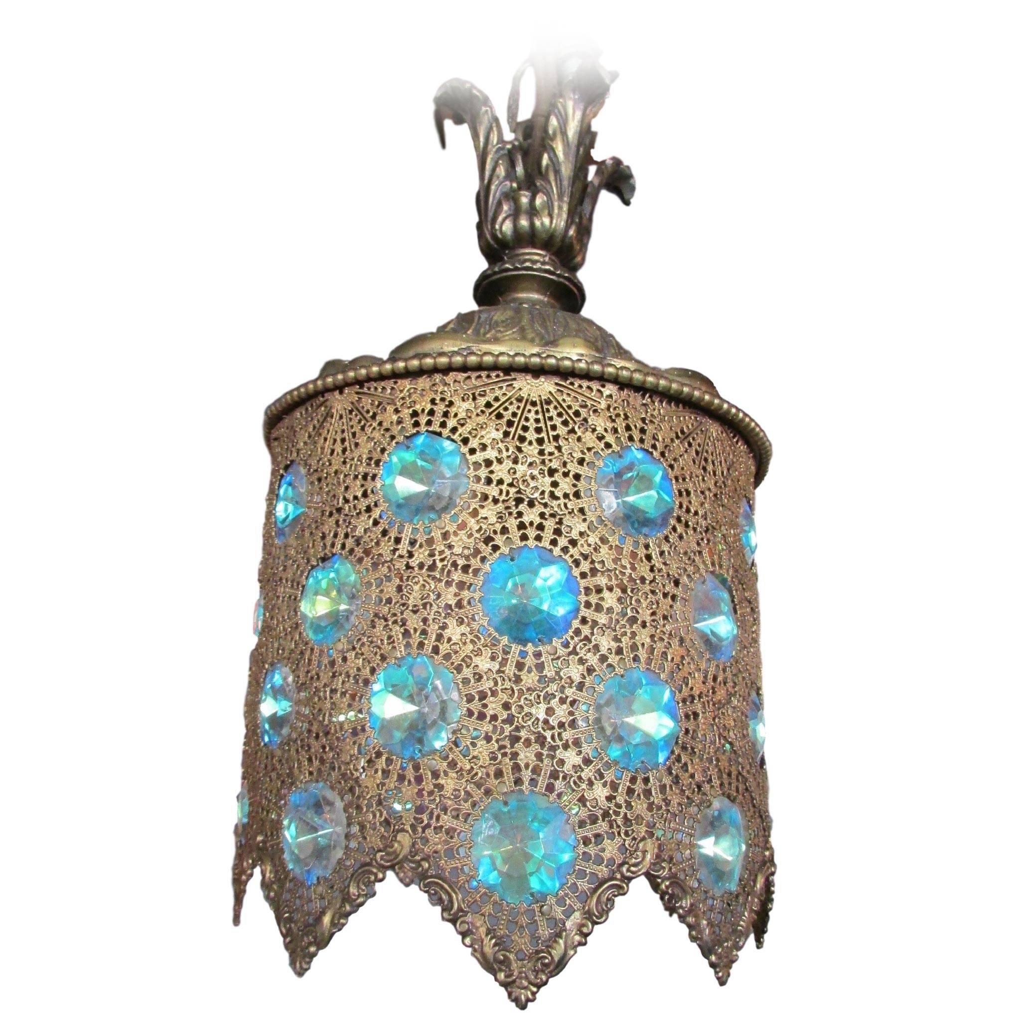 Brass Filigree Pendant Light with Iridescent Jewels 