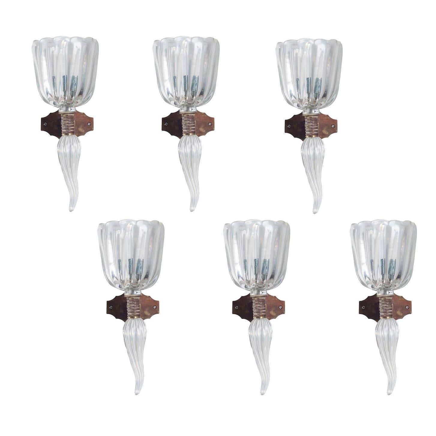 Italian Venetian Sconces, blown Murano Glass, Iridescent Transpa, Seguso, 1960s