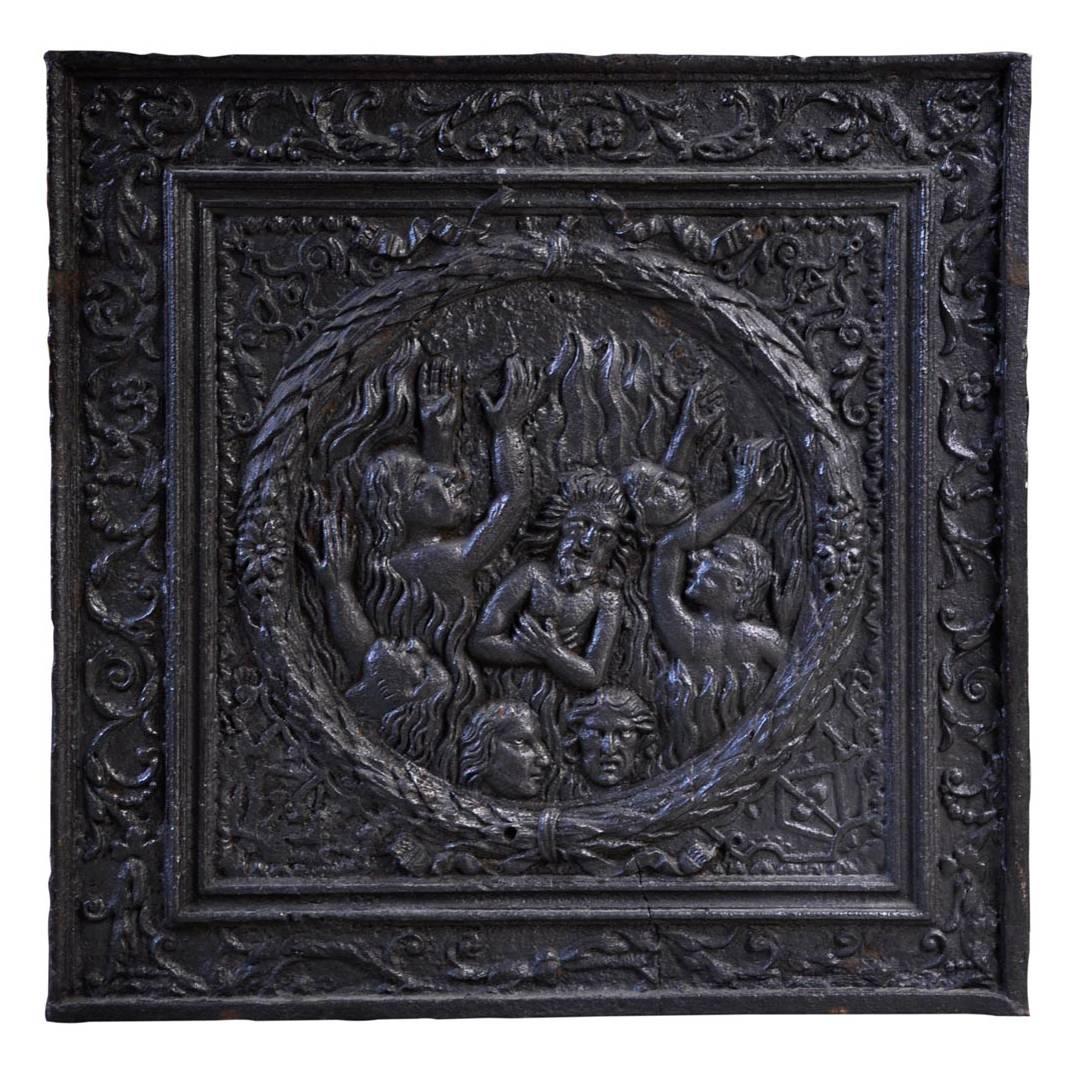 "The damned in Hell", Antique fireback in cast iron , dated from 1687