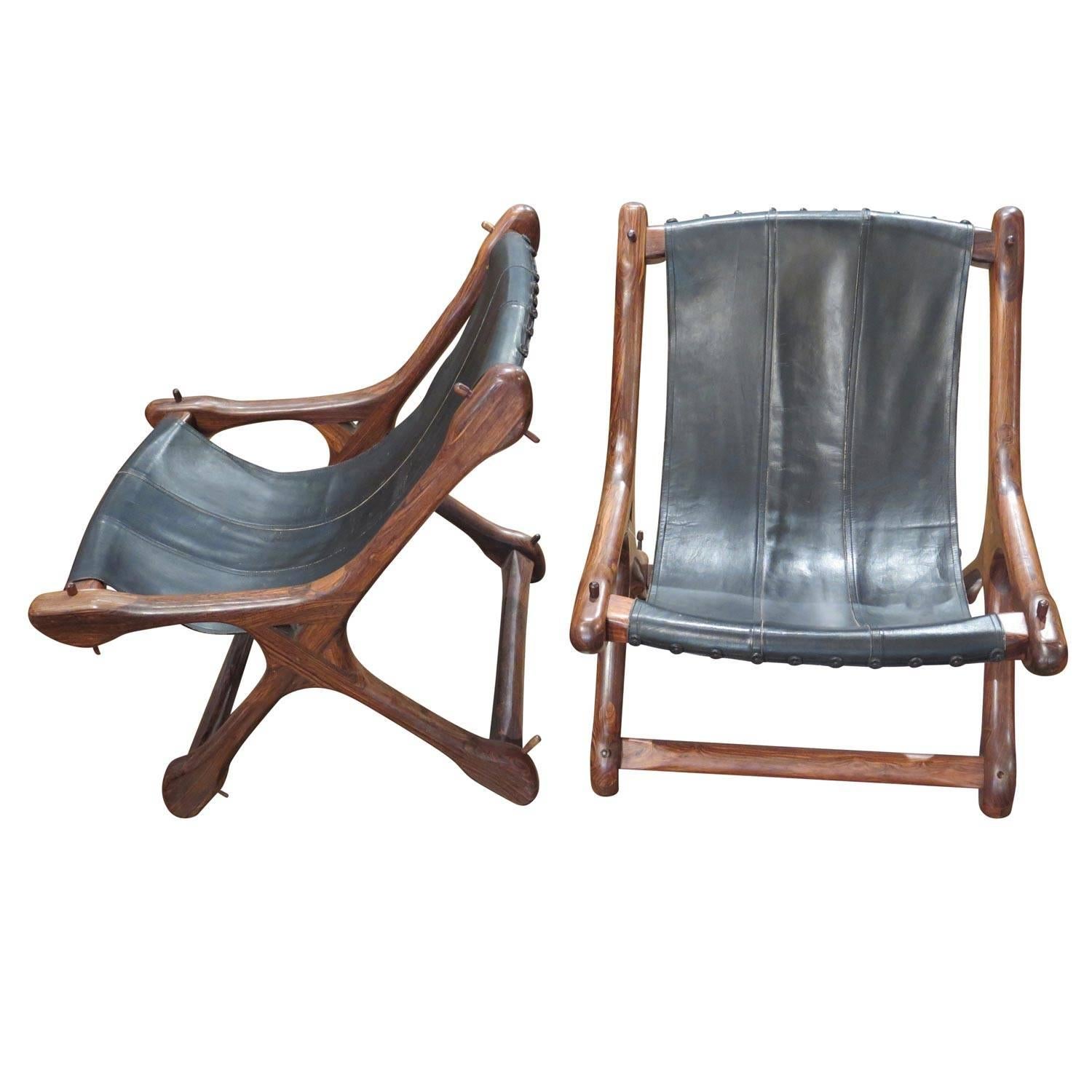 Pair of Don Shoemaker Sling Chairs in Black Leather