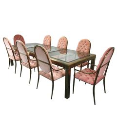 Hollywood Regency Brass Dining Table and Set of Eight Chairs by Mastercraft