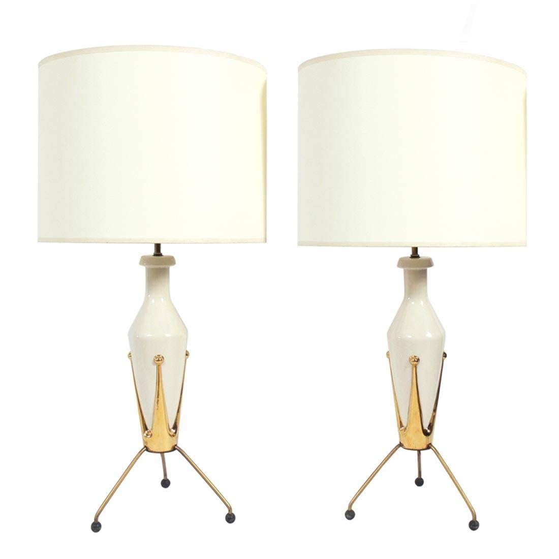 Pair of Mid Century Ceramic Tripod Lamps  For Sale