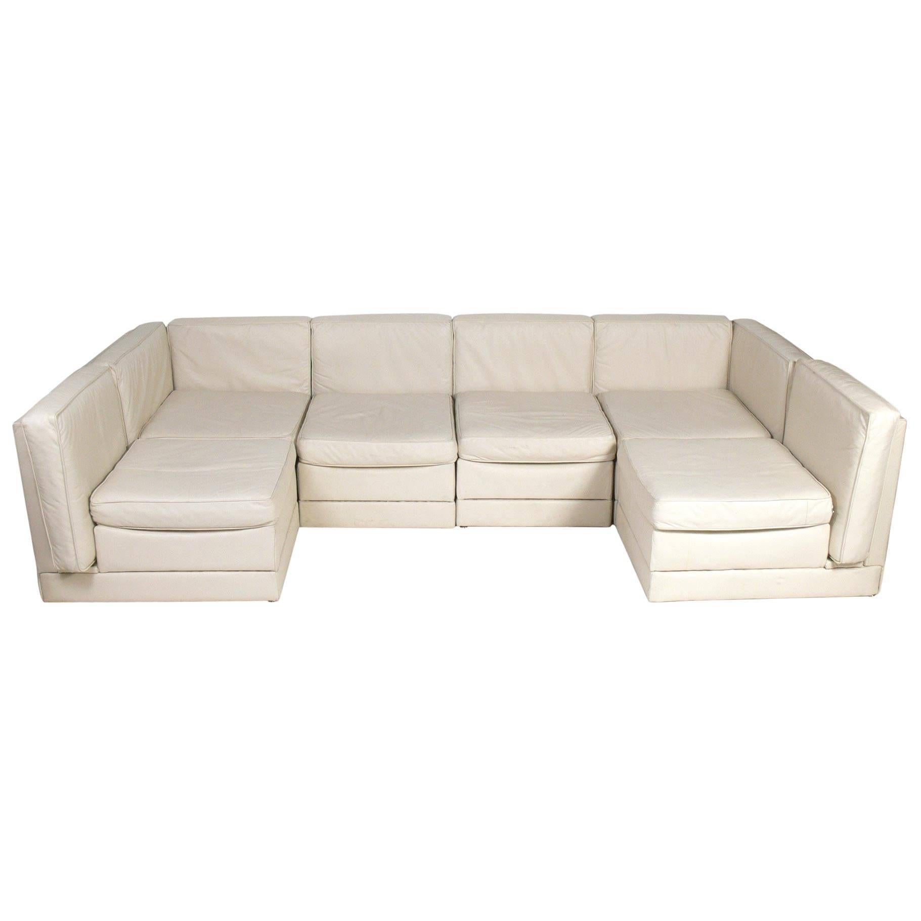Low Slung Milo Baughman Sectional Sofa in Original Bone Color Leather