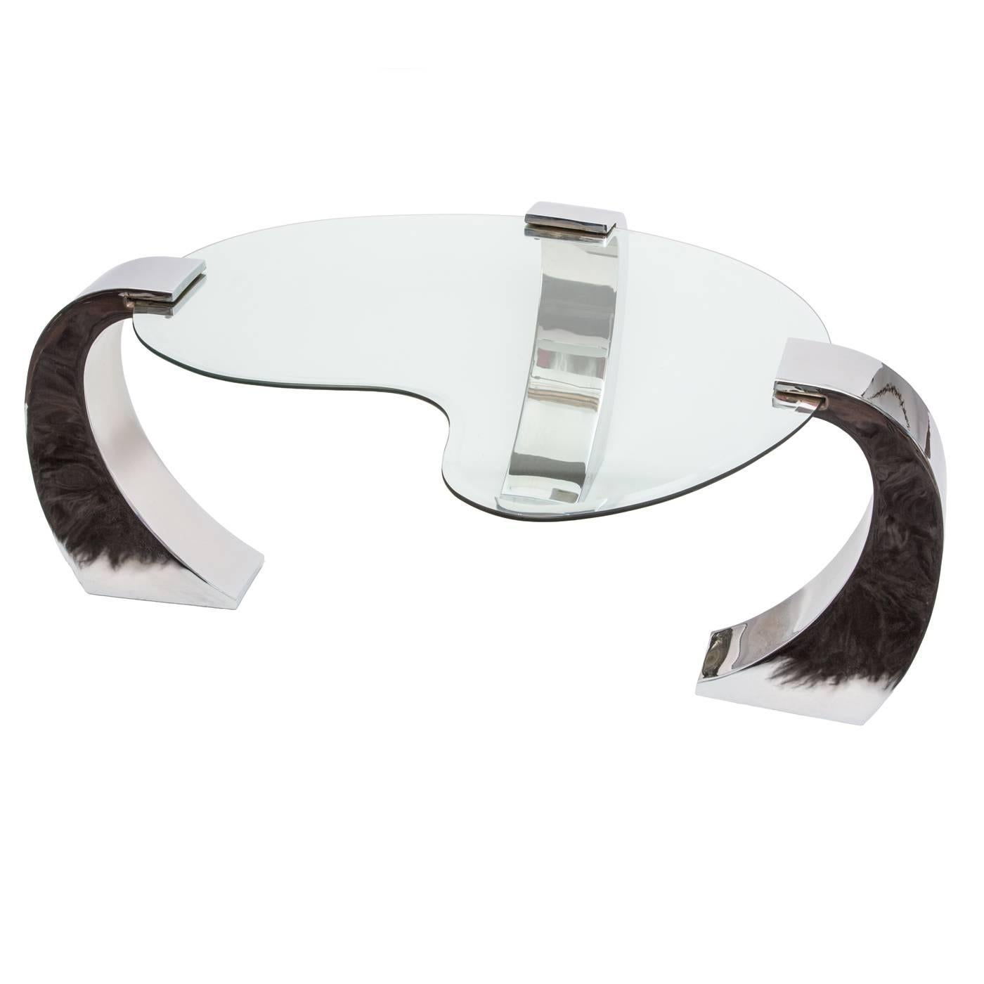 Modern Mid-Century Modern Chrome and Glass Kidney-Shape Coffee Table For Sale