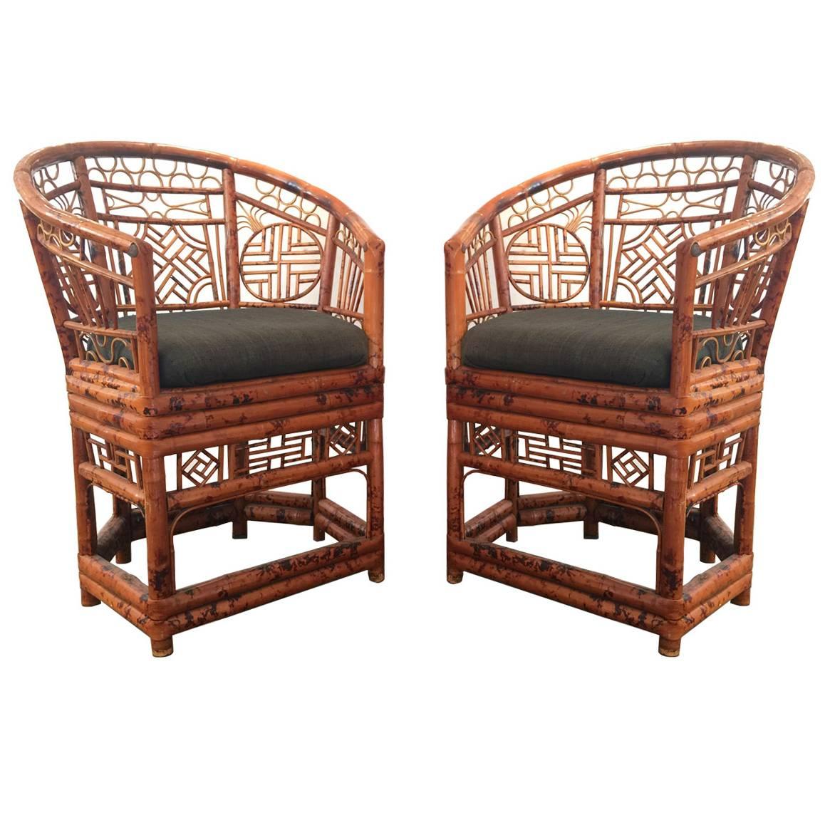 Pair of Brighton Pavilion Chinoiserie Chippendale Tortoise Rattan Chairs