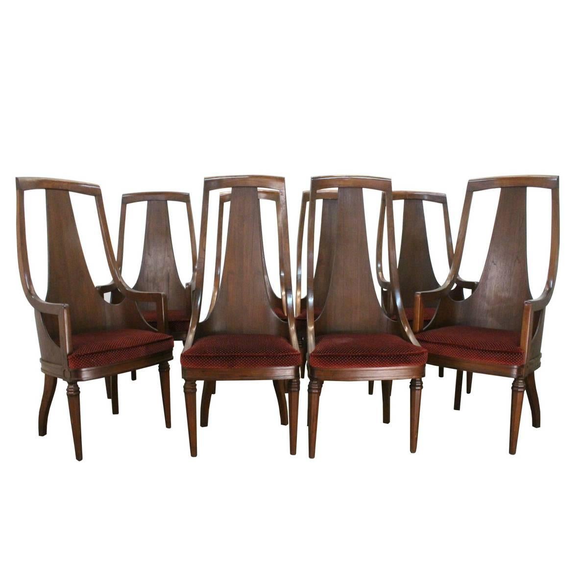 Set of 8 High Back Mid-Century Walnut Dining Chairs