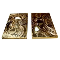 Vintage matching pair of brass acid etched coffee tables with agate stone inlay