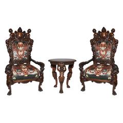 Very rare Antique throne size German three-piece chair and side table group