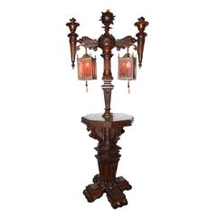 Antique Gothic Revival Floor Lamp with Attached Table