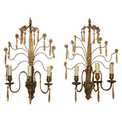 Pair of Early 20th Century Bronze and Crystal Sconces