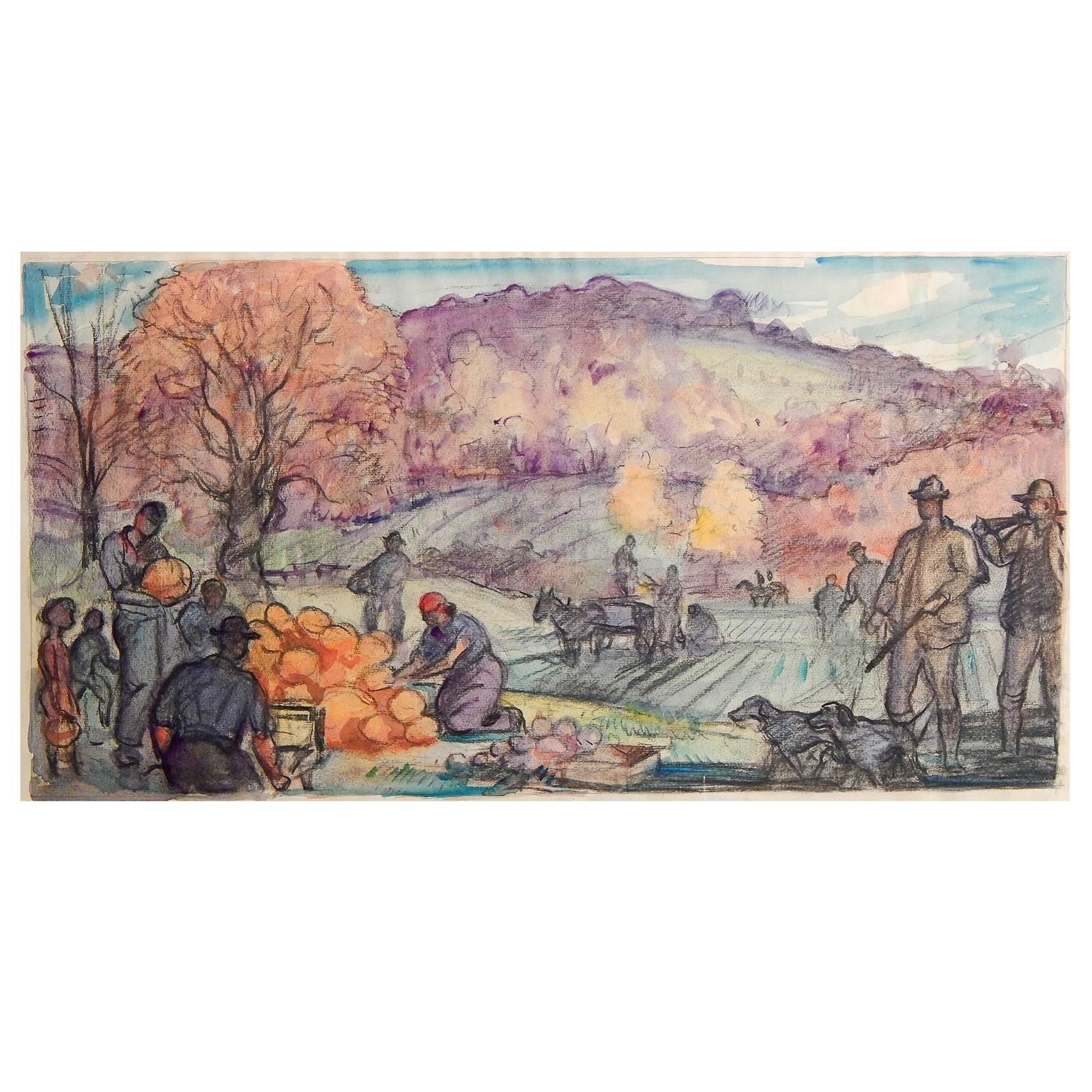 "Autumn in Lexington, " Color-Drenched Drawing for "Four Seasons" Mural For Sale