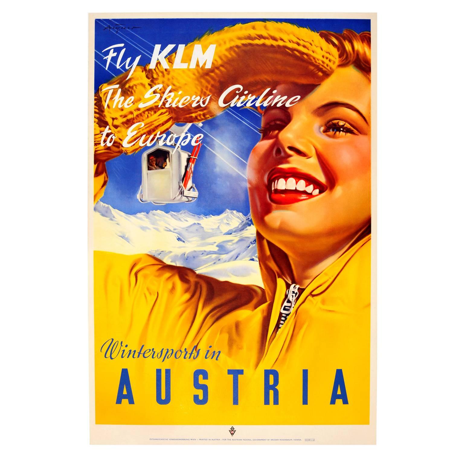 Original Vintage Skiing Poster by Paul Aigner - Wintersports in Austria Fly KLM For Sale