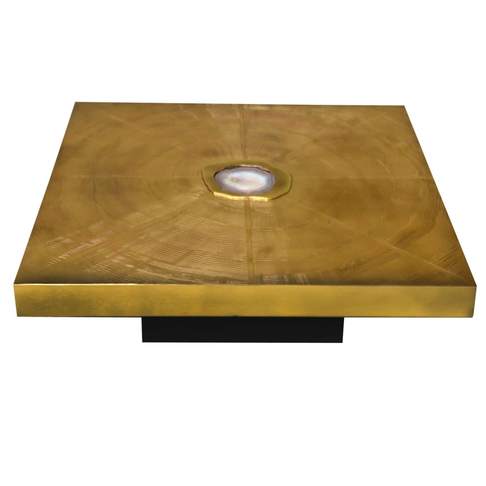 Signed brass Acid Etched and Agate Inset coffee table made in Belgium 