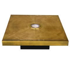 Signed brass Acid Etched and Agate Inset coffee table made in Belgium 