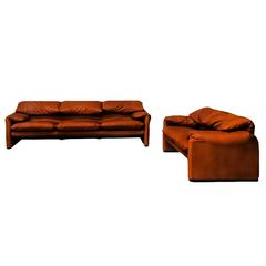 Vintage Cognac Leather "Maralunga" Sofas by Vico Magistretti for Cassina 