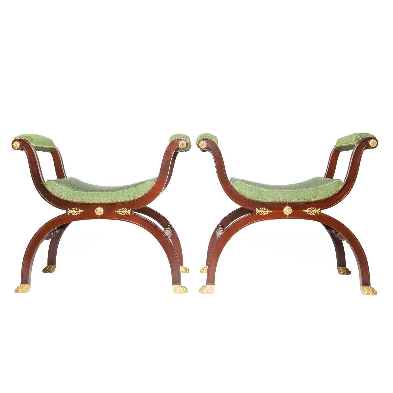 Pair of Empire Style Mahogany and Gilt Bronze-Mounted Tabourets For Sale