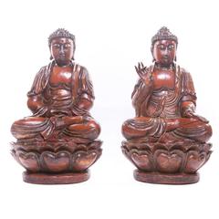 Large Pair of Carved Chinese Lacquered Figures of Buddha