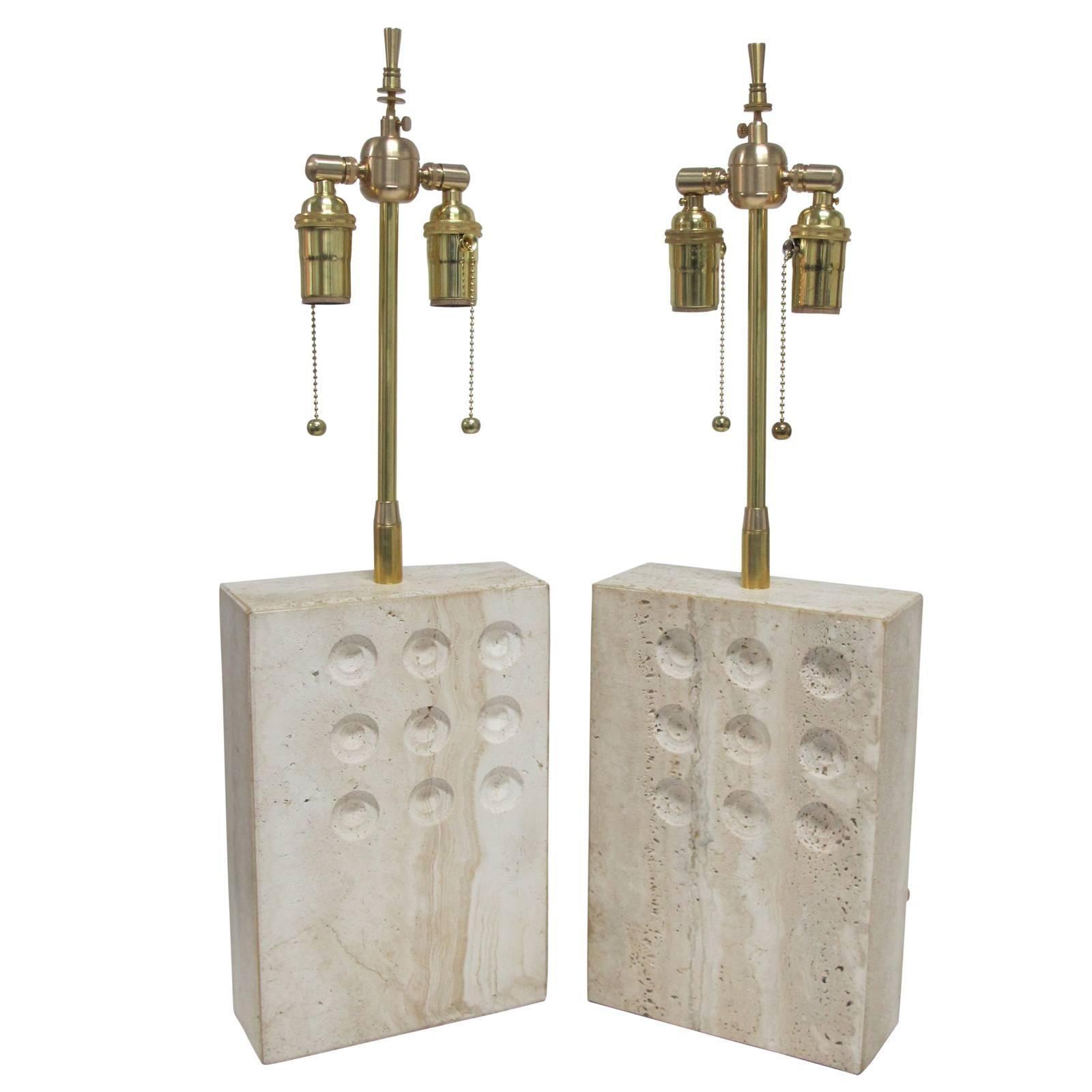 Pair of Rectangular Travertine Table Lamps with Circular Impressions by Raymor