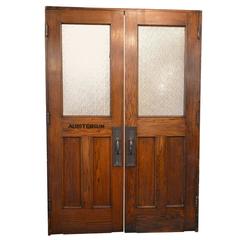 Vintage Auditorium Doors in Oak with Textured Glass and Original Hardware