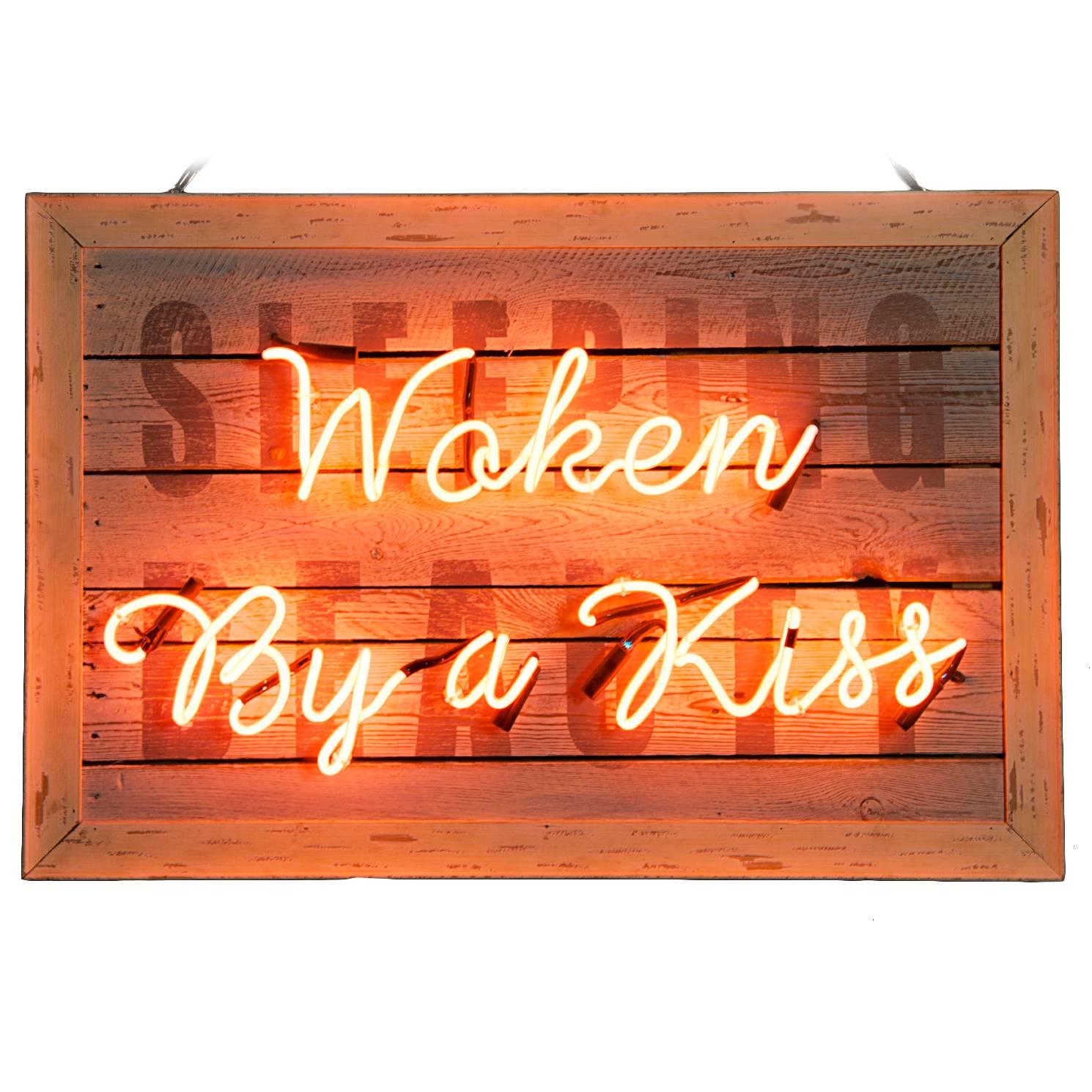 "Woken By a Kiss" Pink Neon on Hand-Painted Wood For Sale