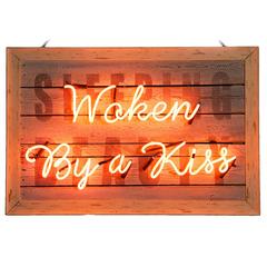 "Woken By a Kiss" Pink Neon on Hand-Painted Wood
