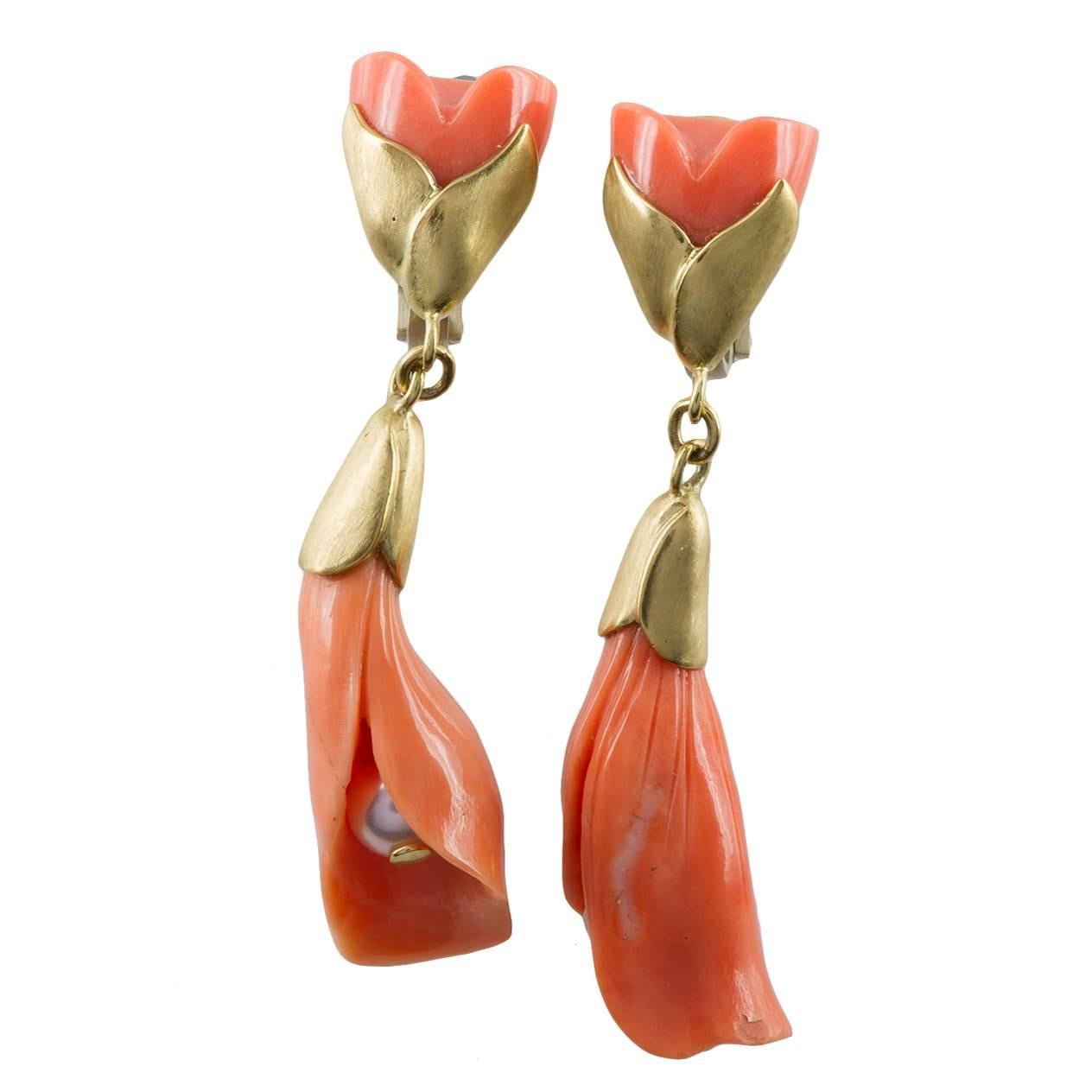 Coral  Earrings on Gold with Pearls Flower Shaped