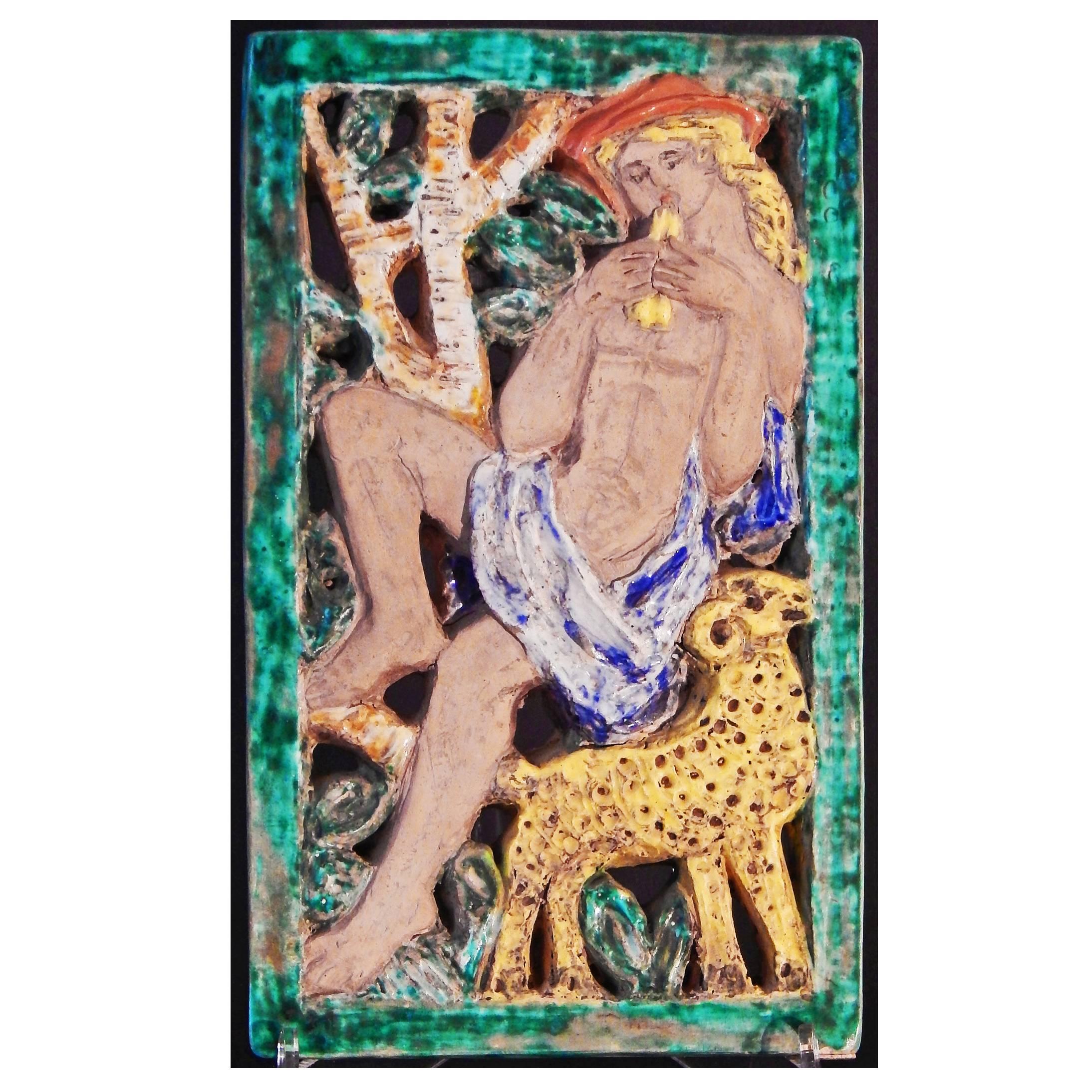 "Nude Shepherd Playing Pipes, " Unique Art Deco Sculptural Panel, 1940 For Sale