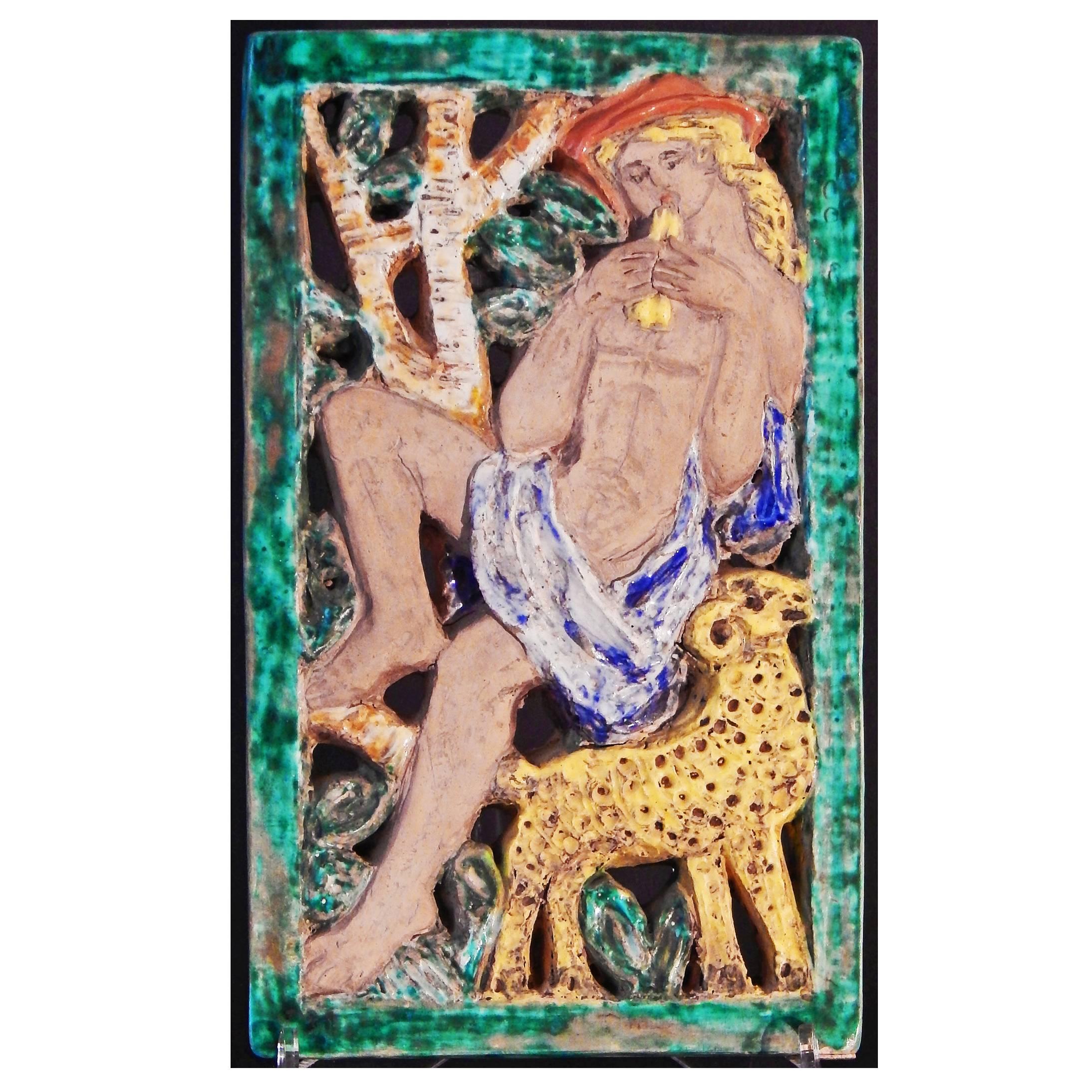 "Pastor desnudo tocando la gaita", Panel escultórico Art Déco único, 1940