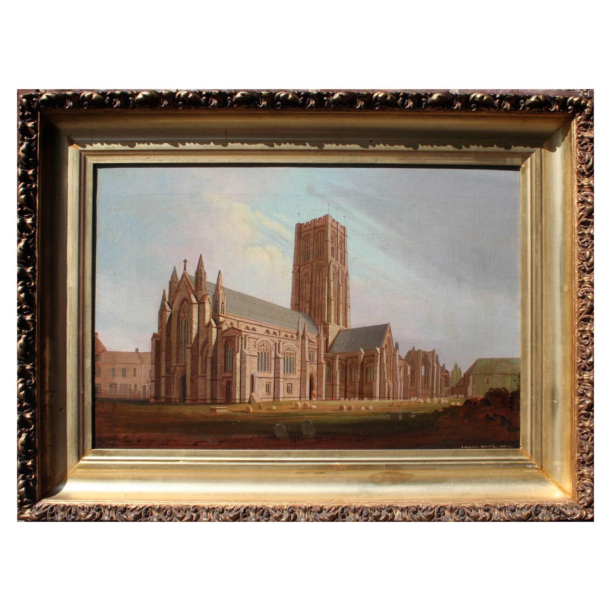 19th Century Painting of an English Church by John Widdas For Sale