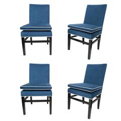 Set of Four Indigo Silk Velvet Dining Chairs Attributed to Edward Wormley