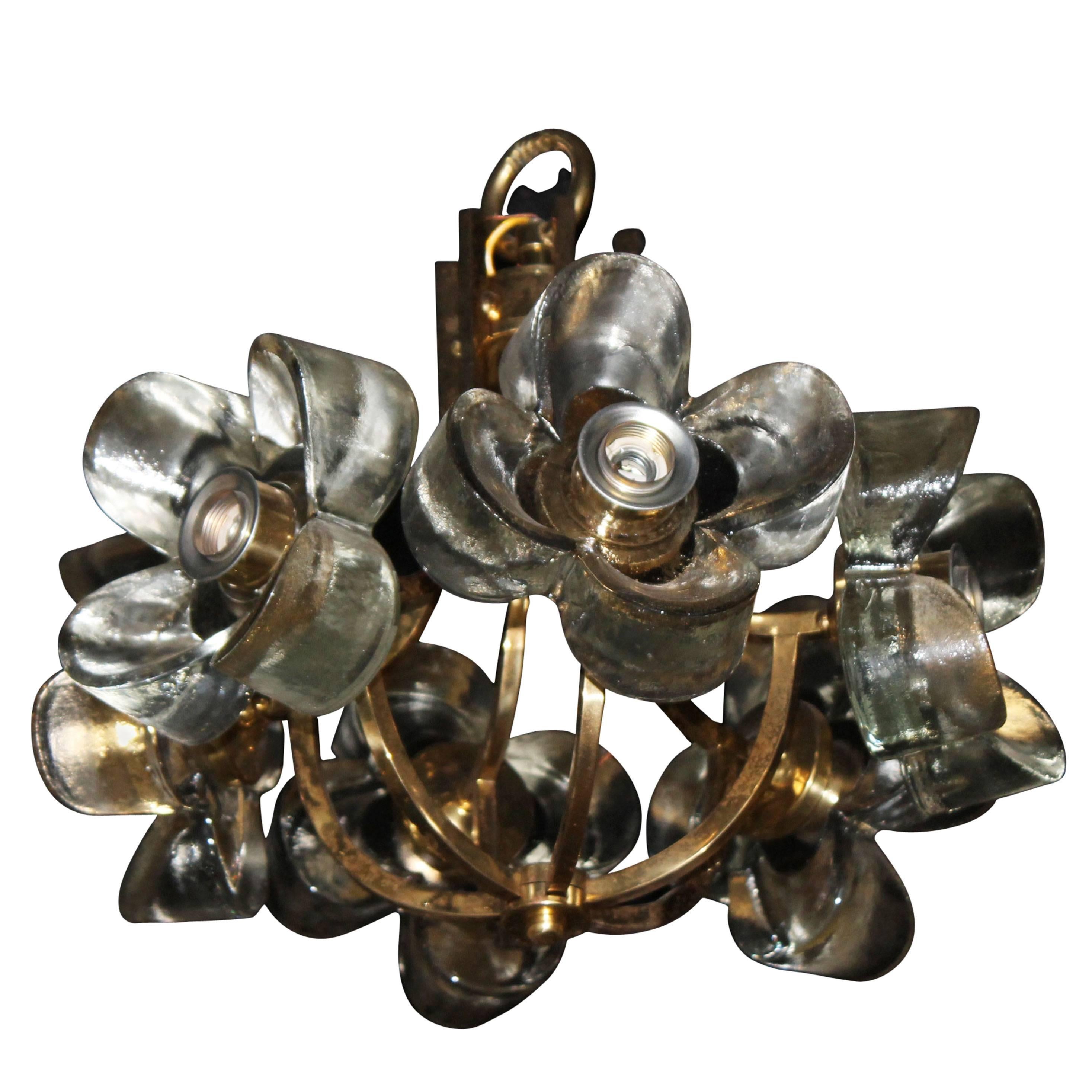 Murano Mazzega Glass and Brass Flower Chandelier